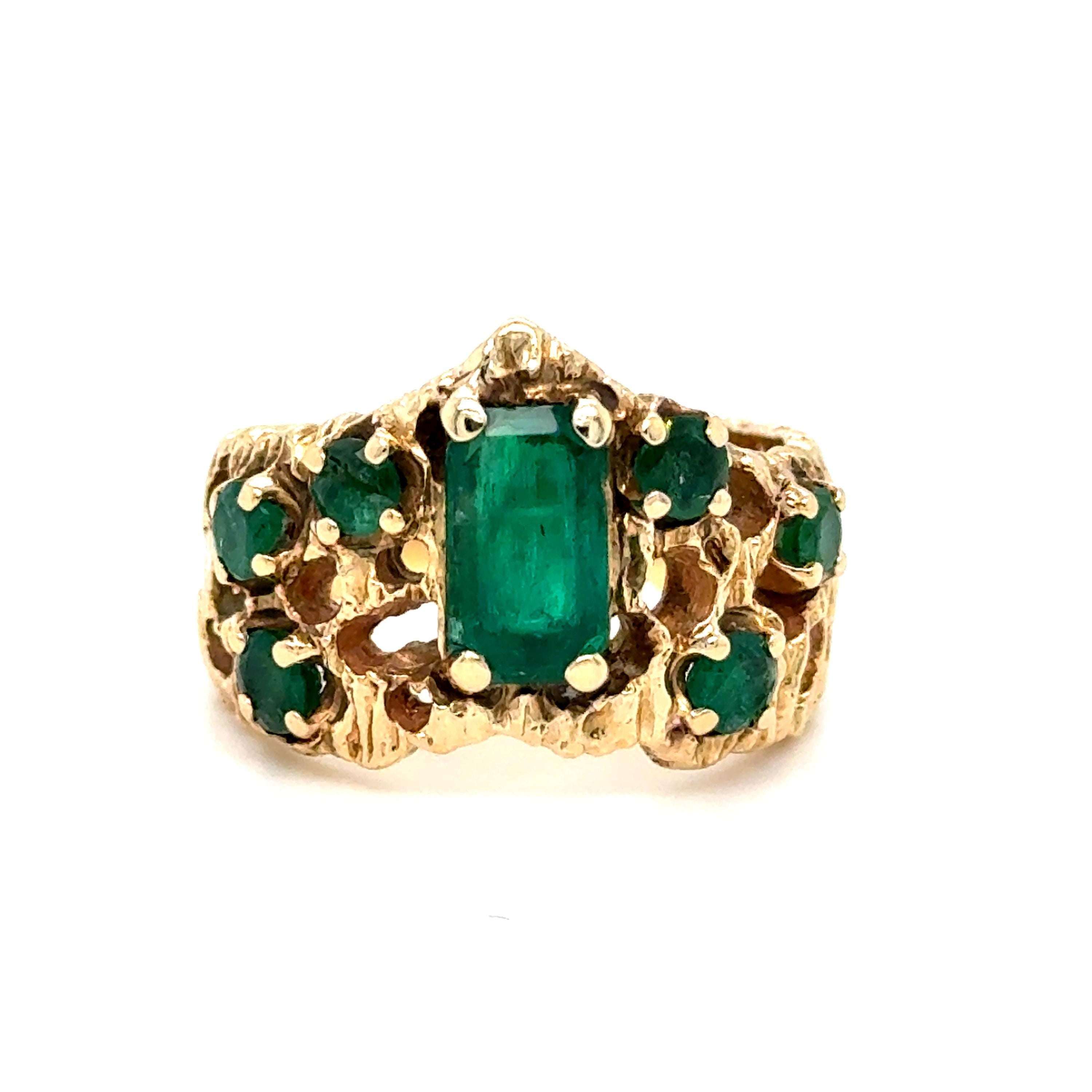 One of a kind Vintage 14K Yellow Gold Emerald Tiara Style Ring.